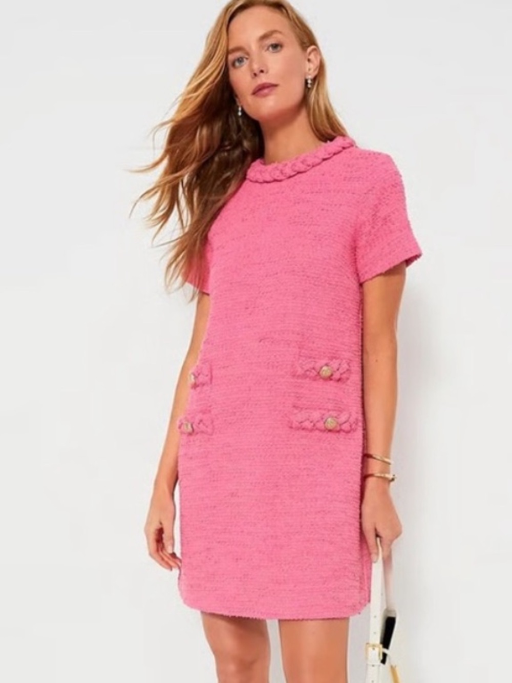 Pink Textured Mini Dress with Braided Trim